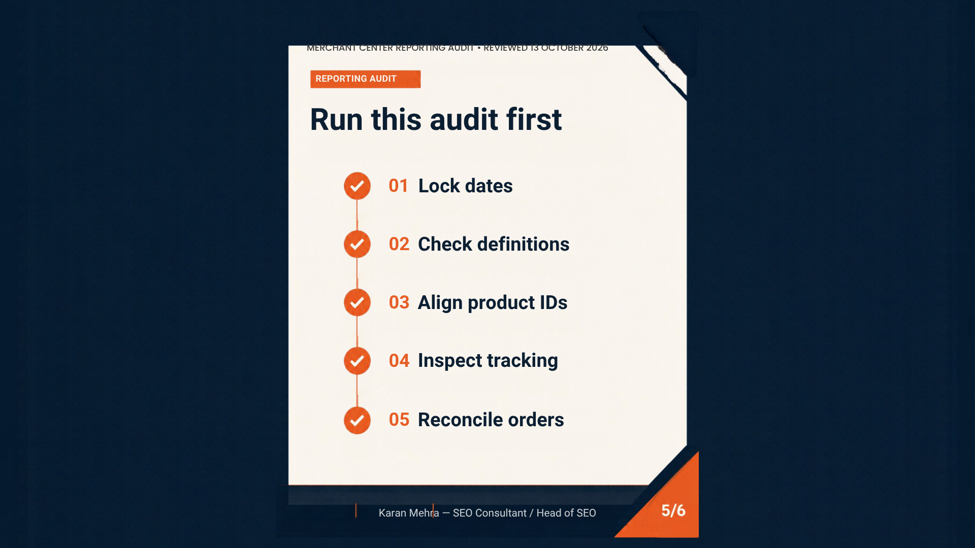 Five audit checks: lock dates, check definitions, align product IDs, inspect tracking and reconcile orders.