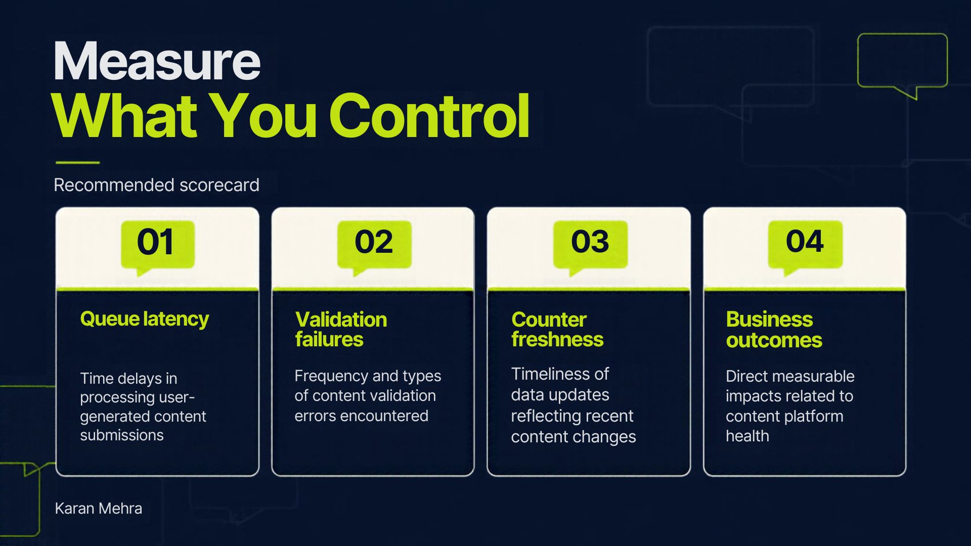 Recommended operating scorecard: queue latency, validation failures, counter freshness and business outcomes