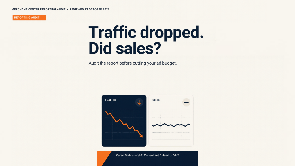 Editorial illustration comparing a falling traffic line with stable sales for a Merchant Center reporting audit.