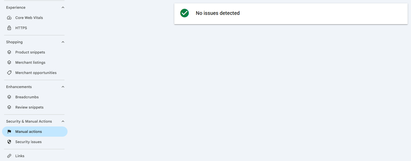 Google Search Console Manual actions report showing No issues detected