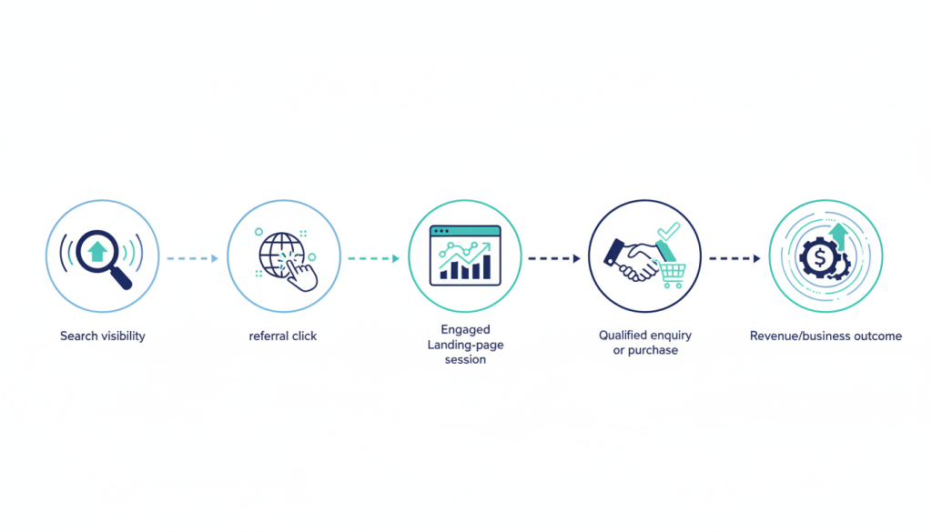 Five-stage measurement framework from search visibility to referral visit, engaged session, qualified action and business outcome