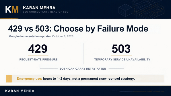 429 vs 503 SEO decision framework comparing request-rate pressure with temporary service unavailability