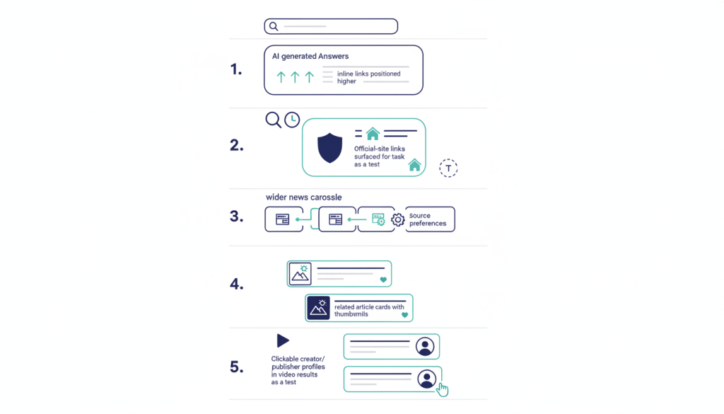 Five-part visual overview of AI Search link presentation changes, including inline links, official destinations, news carousels, related links and creator profiles